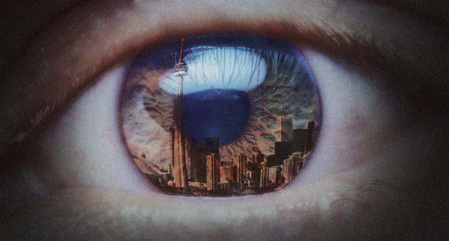 Illustration: an eye mirroring a skyline