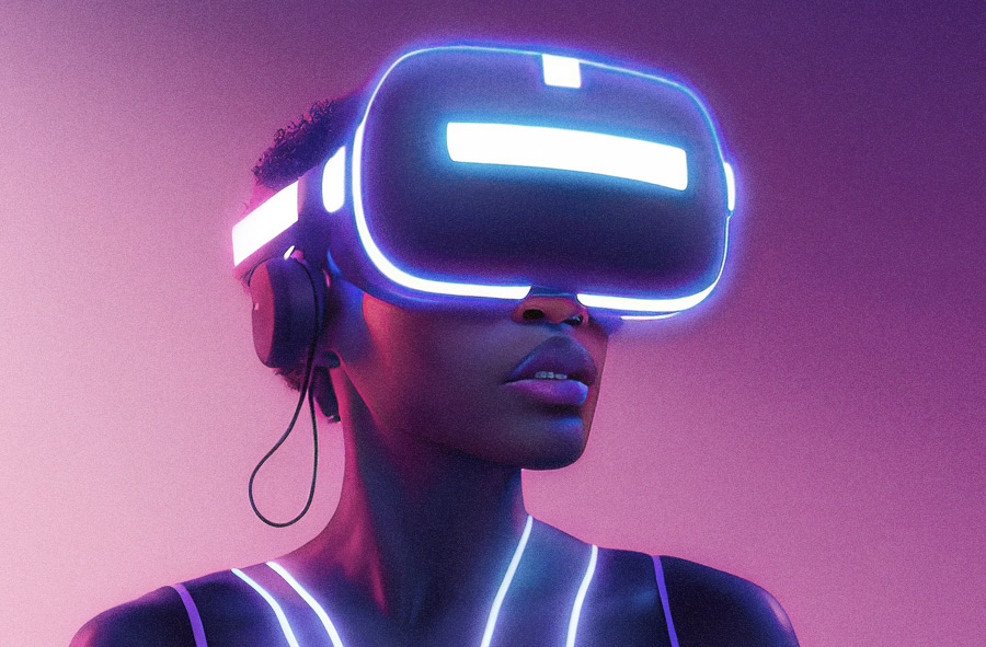 Illustration: a woman with a glowing VR headset in abstract souroundings, looking into the distance